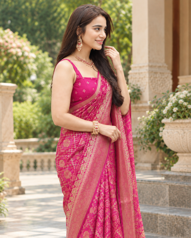 Rani Pink Royal Bandhani Brocade Premium Silk Saree