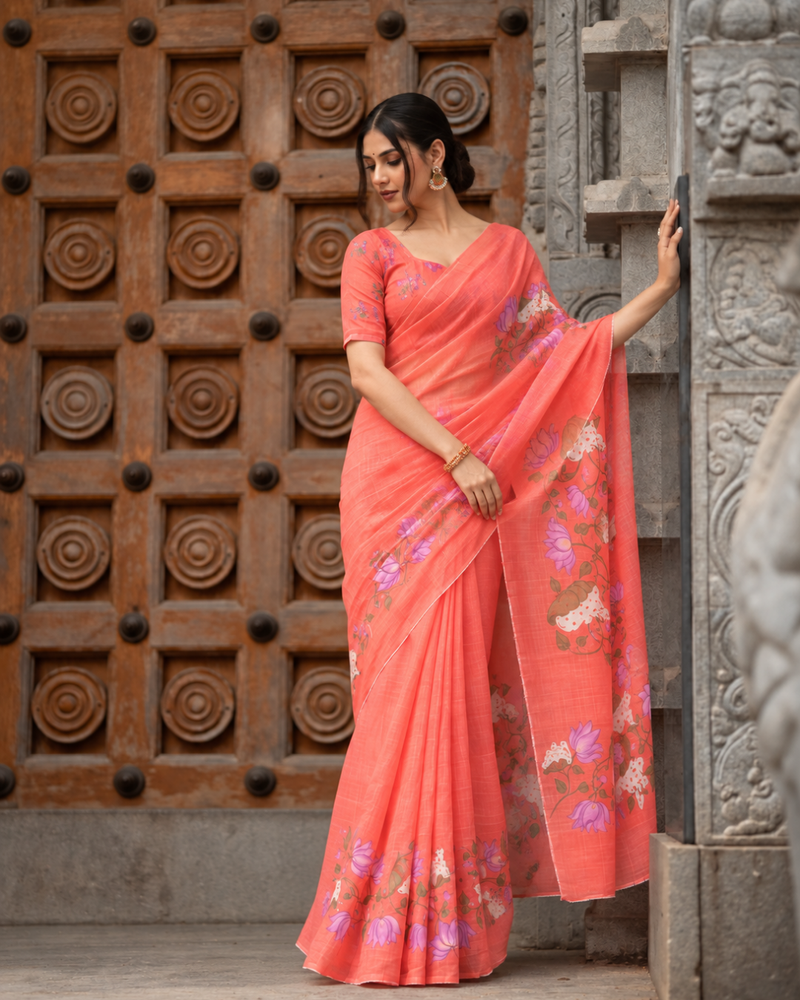 Coral Rose Hand-Painted Lotus Linen Saree