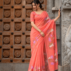 Coral Rose Hand-Painted Lotus Linen Saree