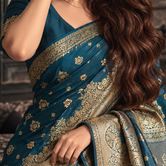 Peacock Blue Floral Zari Silk Saree
