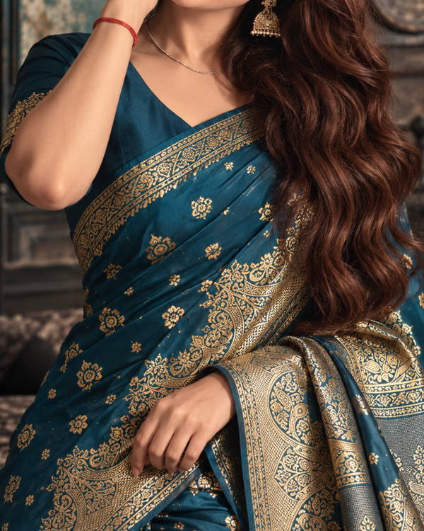 Peacock Blue Floral Zari Silk Saree