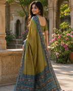 Antique Olive Gold Peacock Blue Border Premium Silk Saree