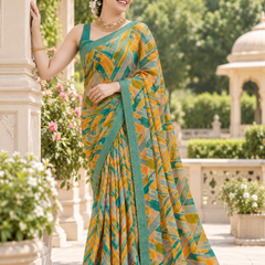 Teal Amber Abstract Mosaic Saree