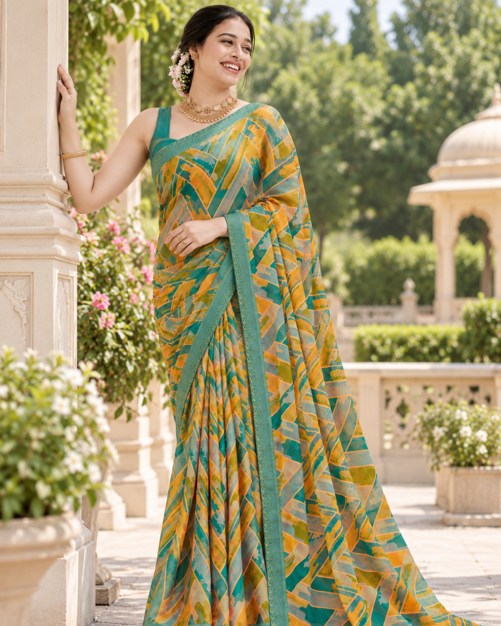 Teal Amber Abstract Mosaic Saree