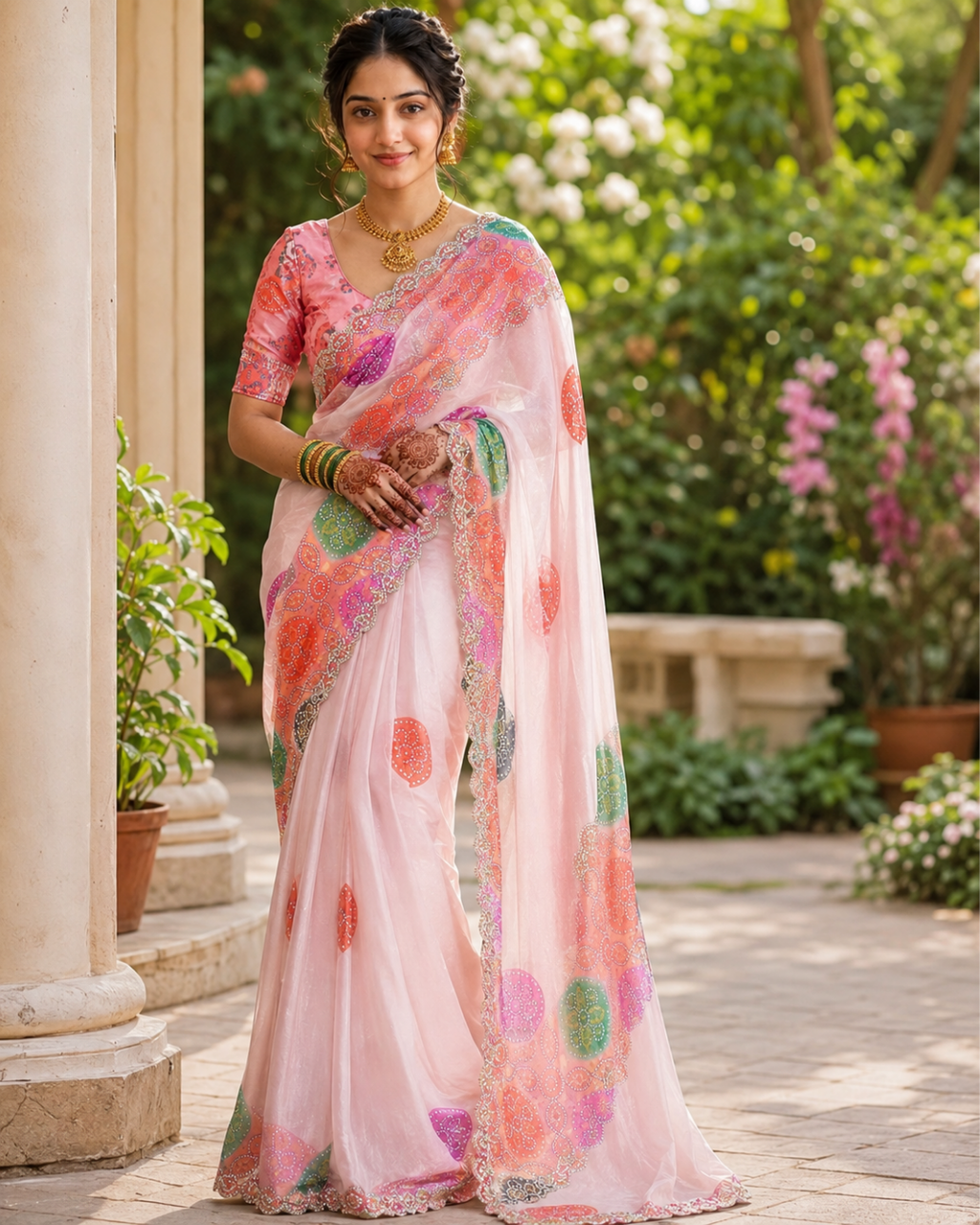 Blush Pink Multicolor Polka Dot Fandy Silk Saree