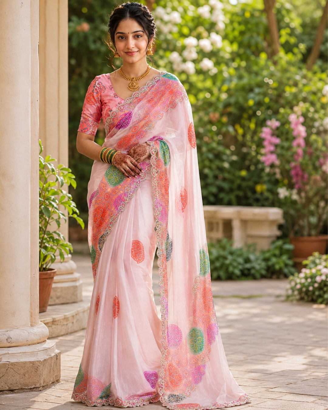 Blush Pink Multicolor Polka Dot Fandy Silk Saree