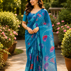 Blue Floral Chanderi Saree