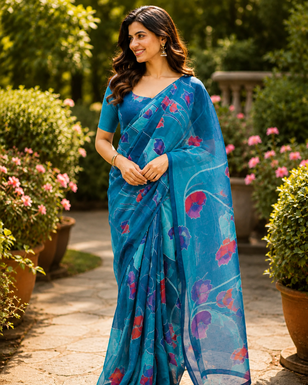 Blue Floral Chanderi Saree