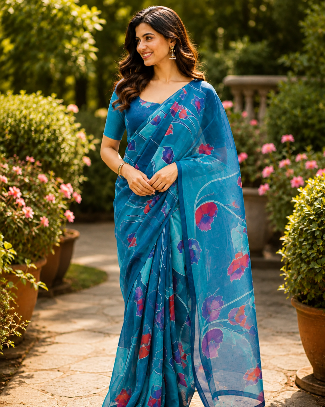 Blue Floral Chanderi Saree