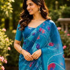 Blue Floral Chanderi Saree