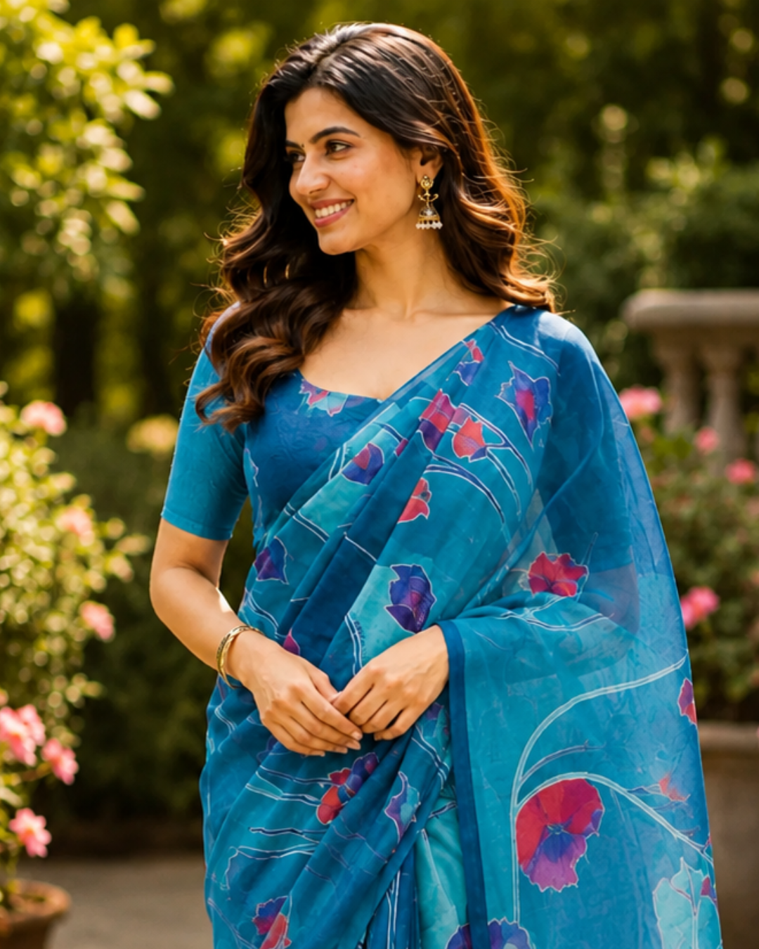 Blue Floral Chanderi Saree