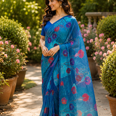Blue Floral Chanderi Saree