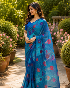 Blue Floral Chanderi Saree