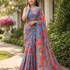 Blue Floral Georgette Saree