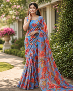 Blue Floral Georgette Saree