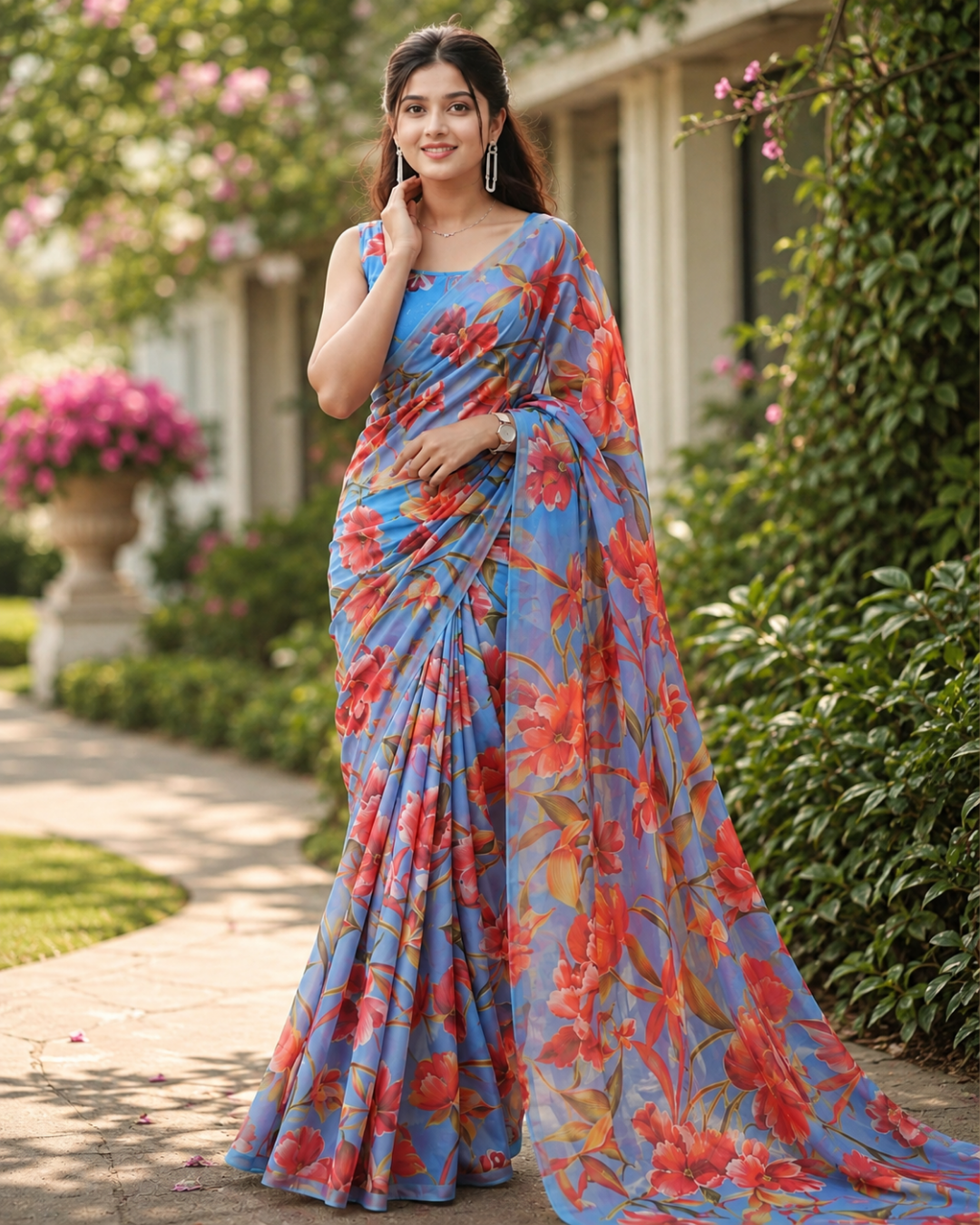 Blue Floral Georgette Saree