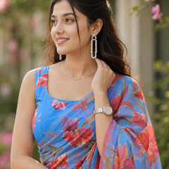 Blue Floral Georgette Saree