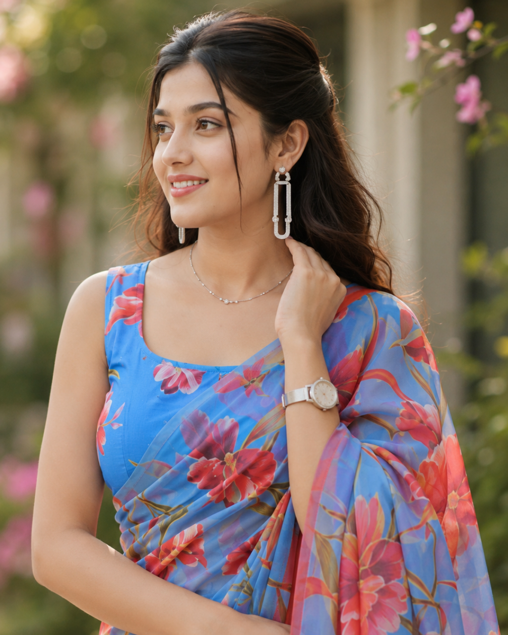 Blue Floral Georgette Saree