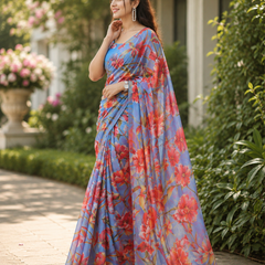 Blue Floral Georgette Saree
