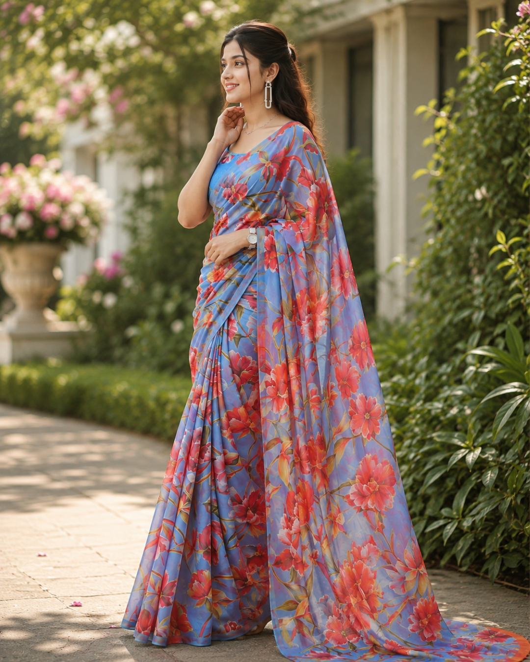 Blue Floral Georgette Saree