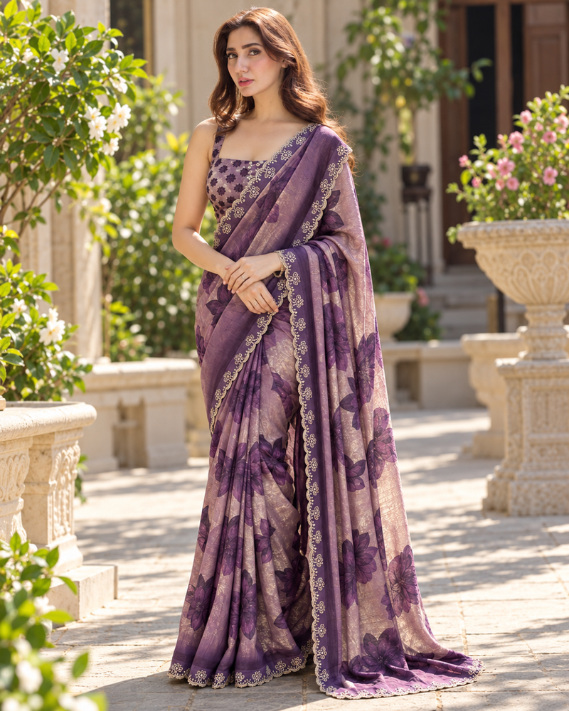 Lavender Purple Floral Organza Fandy Silk Saree