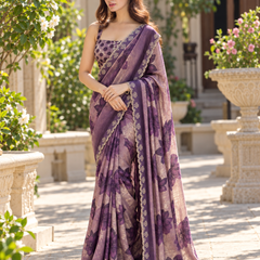 Lavender Purple Floral Organza Fandy Silk Saree