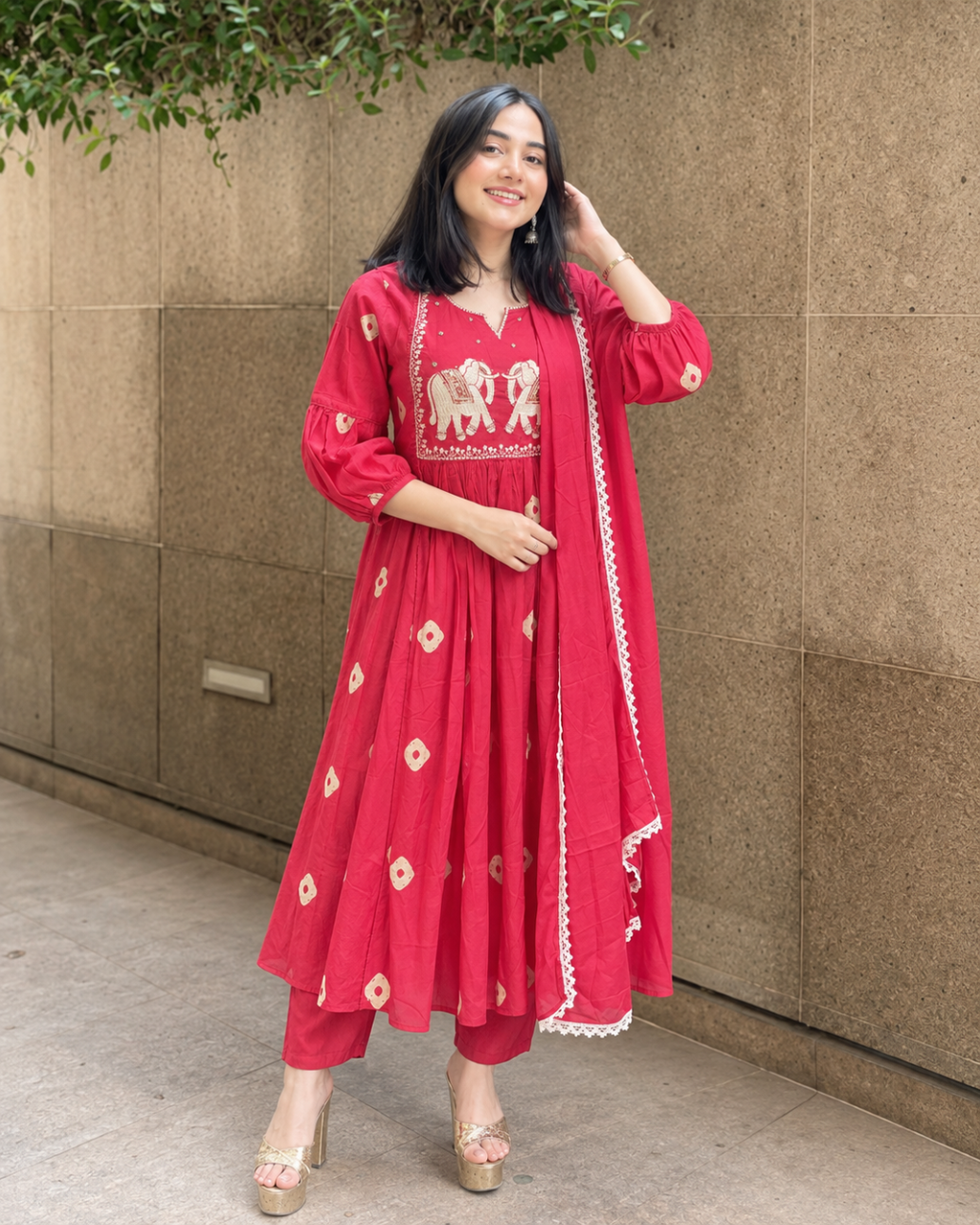 Rani Pink Elephant Embroidered Kurti Set