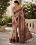 Beige Fawn Geometric Ikat Border Premium Silk Saree