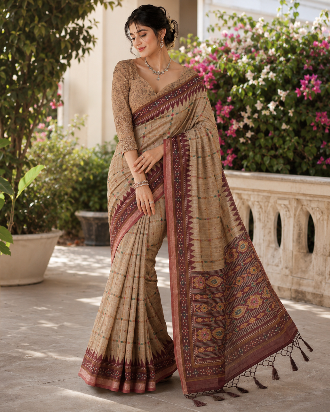 Beige Fawn Geometric Ikat Border Premium Silk Saree