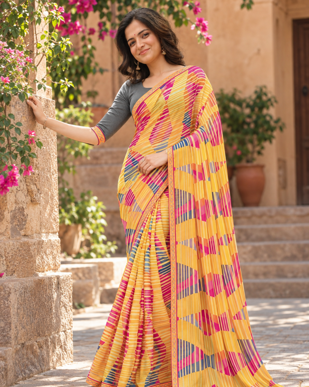 Mustard Yellow Diamond Block Striped Saree