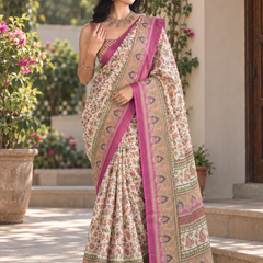 Ivory Floral Jaal Magenta Border Chanderi Saree