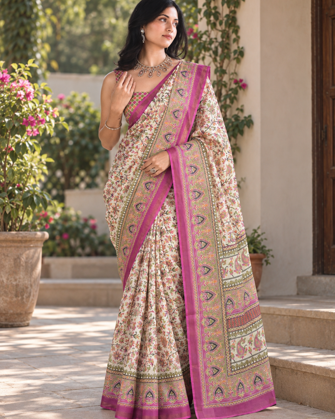 Ivory Floral Jaal Magenta Border Chanderi Saree
