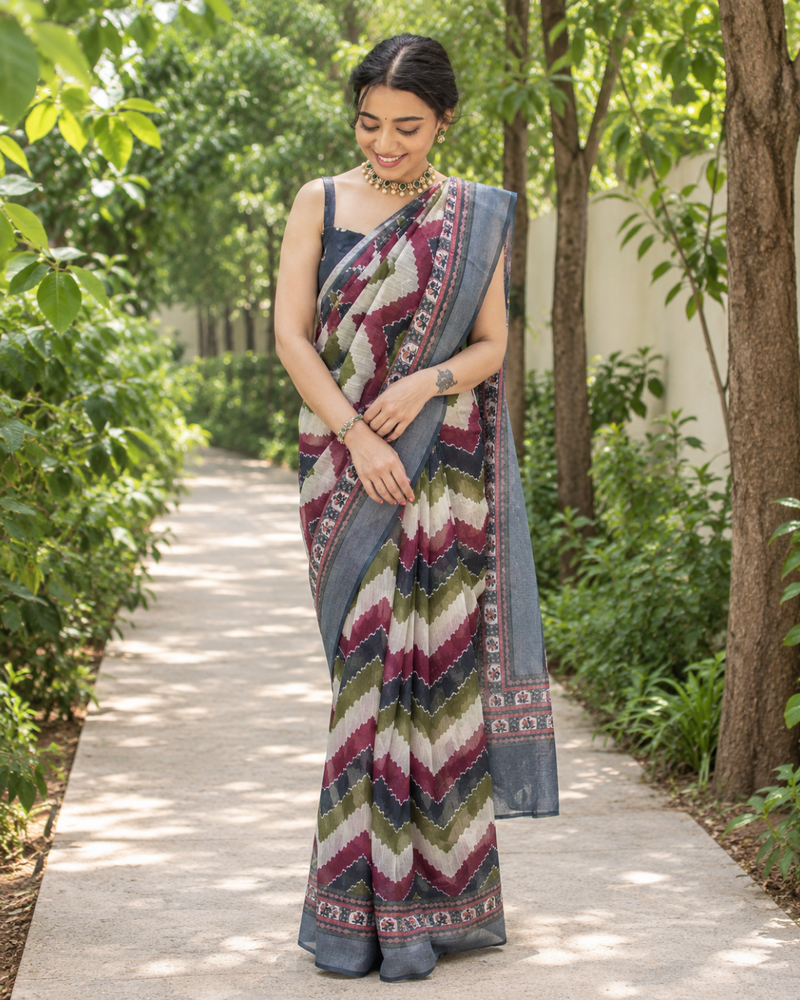 Burgundy Chevron Leheriya Chanderi Saree