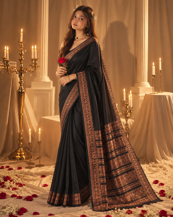 Midnight Black Bronze Zari Banarasi Silk Saree