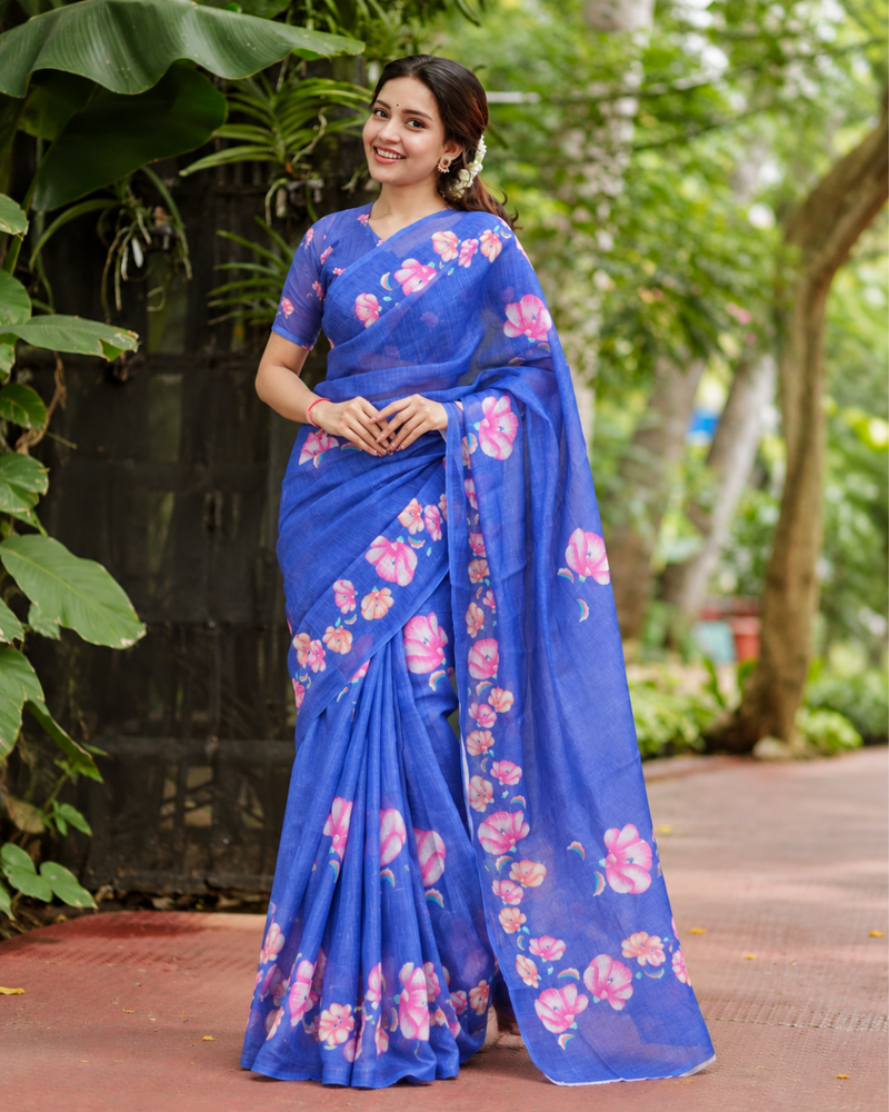 Royal Blue Hand-Painted Floral Linen Saree