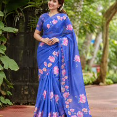 Royal Blue Hand-Painted Floral Linen Saree