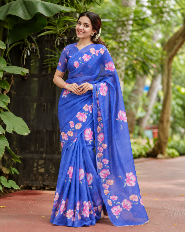 Royal Blue Hand-Painted Floral Linen Saree