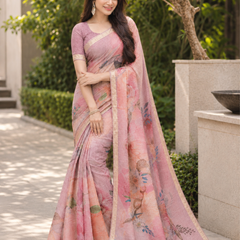 Pastel Mauve Peach Watercolor Floral Premium Silk Saree