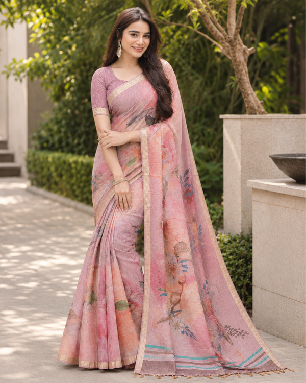 Pastel Mauve Peach Watercolor Floral Premium Silk Saree