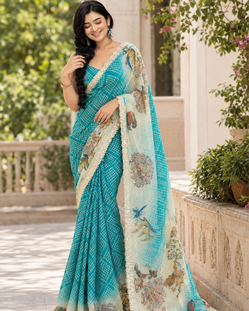 Turquoise Blue Bandhani Kalamkari Fandy Silk Saree
