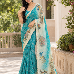 Turquoise Blue Bandhani Kalamkari Fandy Silk Saree