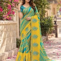 Teal & Yellow Leheriya Peacock Border Saree