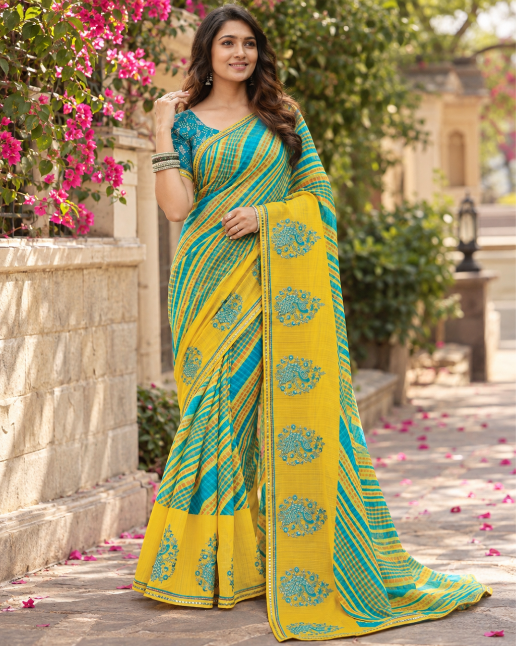 Teal & Yellow Leheriya Peacock Border Saree