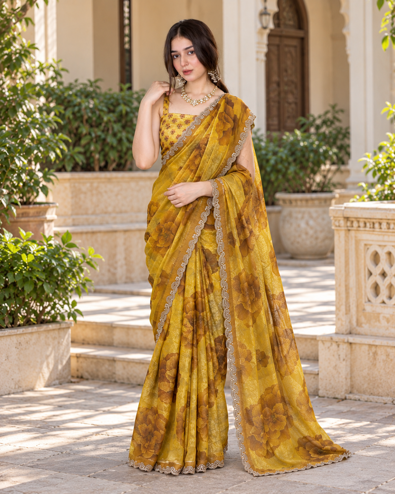 Mustard Ochre Watercolor Floral Fandy Silk Saree