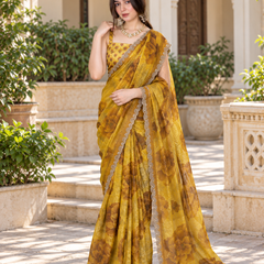 Mustard Ochre Watercolor Floral Fandy Silk Saree