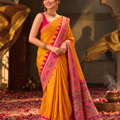 Mustard Yellow Rani Border Banarasi Silk Saree
