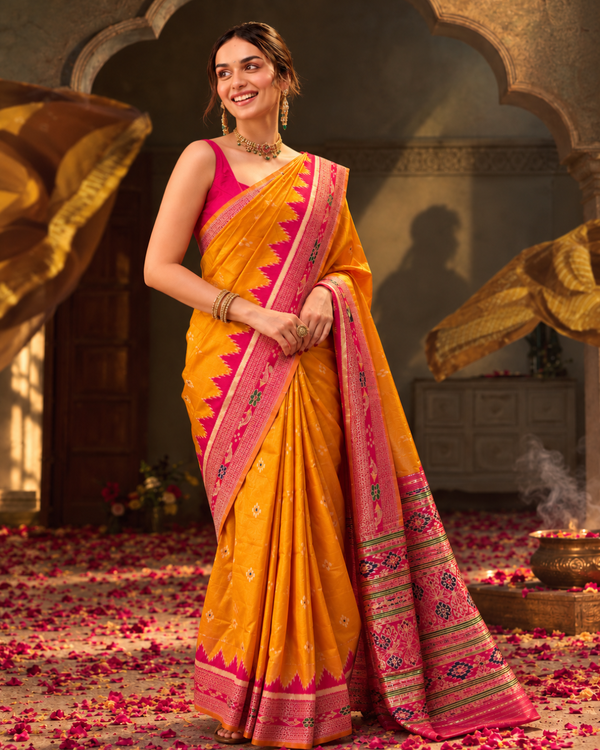 Mustard Yellow Rani Border Banarasi Silk Saree