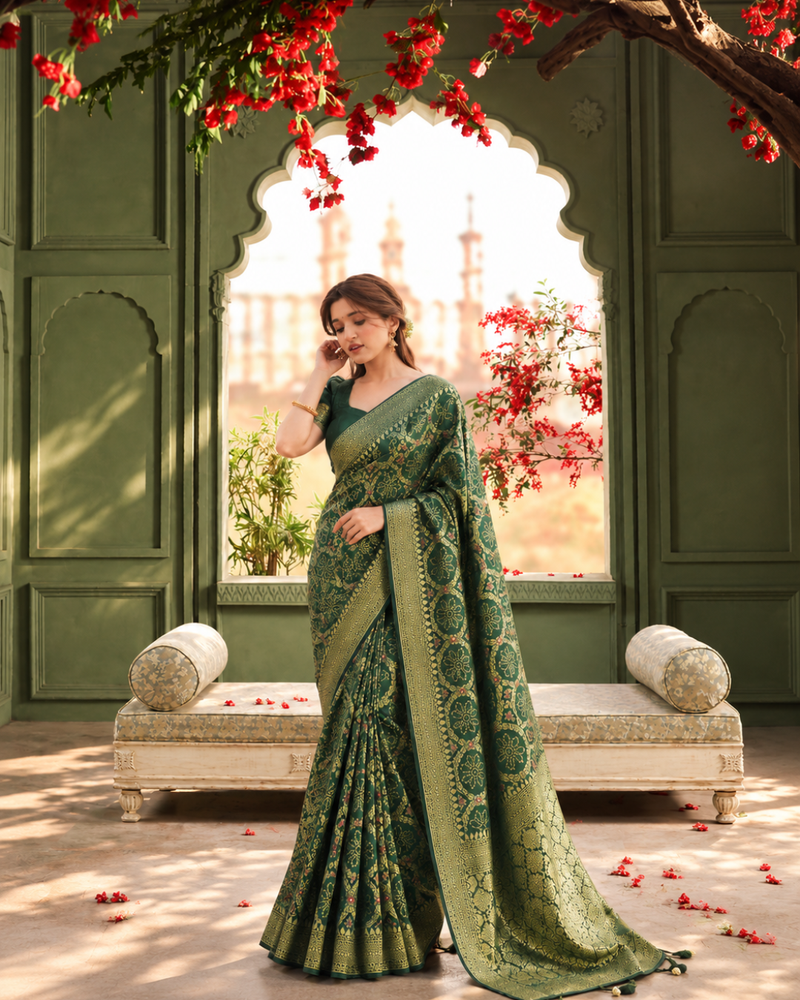 Bottle Green Bandhani Print Weave Silk Saree