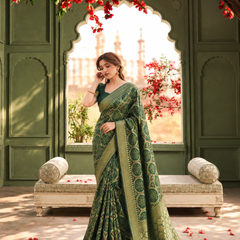 Bottle Green Bandhani Print Weave Silk Saree
