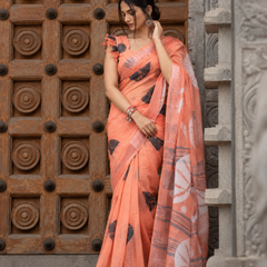 Tangerine Peach Half-Moon Shibori Motif Linen Saree